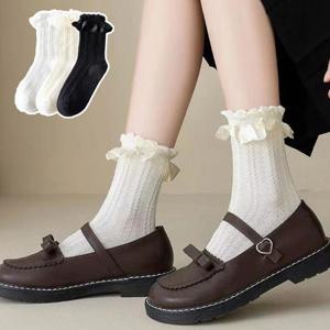 [에스이엔몰] 여성 레이스 프릴 중목 발목 양말