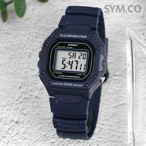 카시오 W-218H-2A 스퀘어 디지털 네이비 군인 군용 남자 우레탄