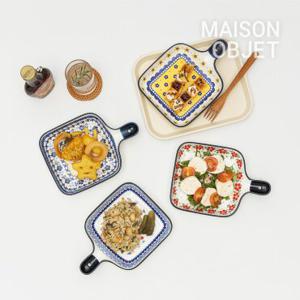 프라카 폴란드풍 도자기 사각 핸들 앞접시 4P 세트