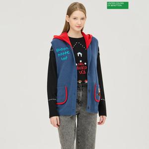 베네통 후드 배색 루즈핏 니트 베스트 BAKV02511