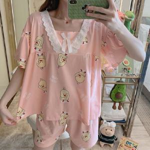 삐약이 핑크 여성 프릴 반팔 잠옷 파자마 세트 여자 홈웨어 빅