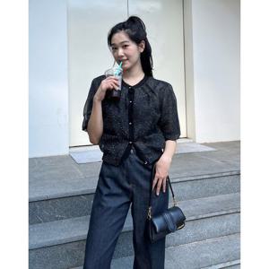 질스튜어트 뉴욕 여성 25FW 블랙 글리터장식 시어 반팔 5부 블라우스 JSBL5C100BK