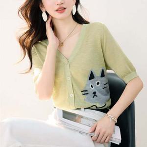 F007504_고양이 브이넥 자가드니트 반팔가디건