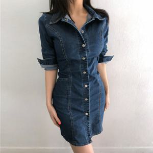 글램핏 / 데님 셔츠 카라 데일리룩 청 원피스