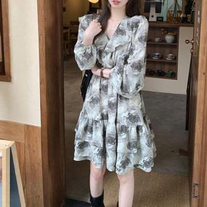 G126742_러플카라 허리밴딩 빅플라워 쉬폰원피스