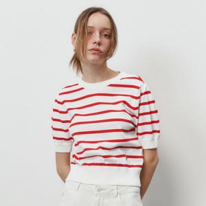 [플랙진]여성 스트라이프 퍼드 슬리브 니트 반팔 티셔츠 (PWTF2NTL22W)