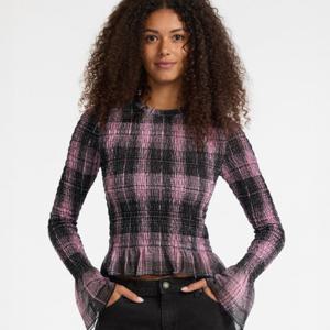 [게스(진)]여성 GO 체크 매쉬 스모킹 긴팔티(YP4K2335)