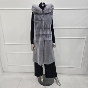 [미니멈]MZDKFV0920LG 밍크배색 리얼양모 폭스후드 롱 베스트