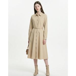 헤지스 여성 26SS 베이지 벨티드 면혼방 긴팔원피스 HSDR6AC22I1