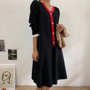 나야홍 / 빅사이즈 601 브이버튼빨간줄원피스 DBSX129