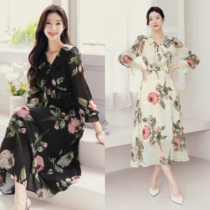 [시크라인] 아피나 플리츠 러플 카라 플로랄 쉬폰 원피스