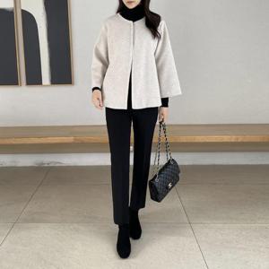 여자 겨울 미시 정장 노카라 울 크롭 라운드 자켓