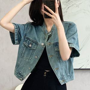 [패션시그널] 빈티지워싱 차아나넥 반팔 데님자켓 D4D79E