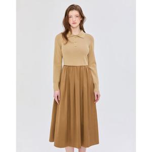 질스튜어트 뉴욕 여성 24FW 베이지 니트 배색 울혼방 롱 플레어 원피스 JSDR4D630I3