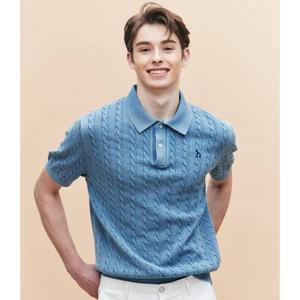 [헤지스남성] 블루 가먼트다잉 케이블 반팔 니트(HZSW5B558B2)