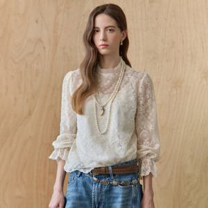 [MAXZA] 로코코 레이스 플리츠 헨리넥 블라우스