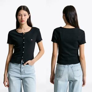 [타미진] 2종 택1 여성 T32F1TTO15TWT2BDS 슬림 핏 립 버튼 탑 여자 기본 라운드 골지 반팔 SC