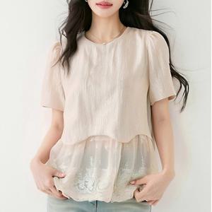 [패션시그널] 투톤레이스밑단 라운드넥 썸머 블라우스 442B50