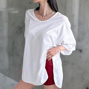여자 양트임 유넥 무채색 힙커버 티셔츠