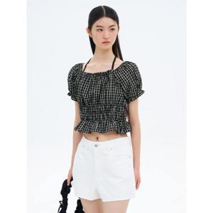 (355665LY35) [에잇세컨즈] 소매 볼륨 홀터넥 체크 블라우스  블랙