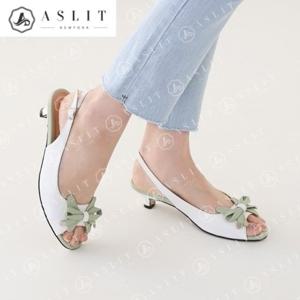 [애슬릿] 토 오픈 펌프스 여성 구두 슬링백 리본 미들 힐