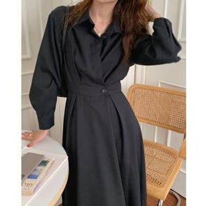 F006436 랩스타일 뒷밴딩 셔츠 롱원피스 정장원피스 A라인 간절기
