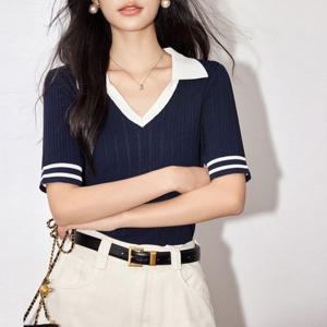 G126624 브이넥카라 골지니트 반팔티 티숙 여성 면티