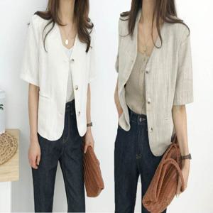 노카라 여름 시원한 반팔 자켓 마이 크롭 재킷 브이넥