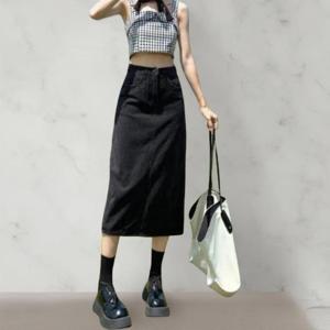 여성 검정 치마 면혼합 캐쥬얼 슬릿 롱