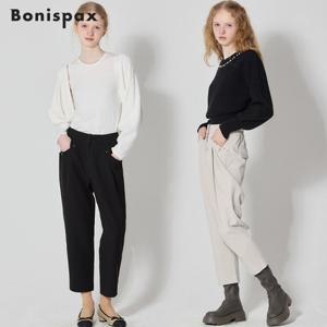 보니스팍스 버튼 핀턱 뒷밴딩 크롭 팬츠
