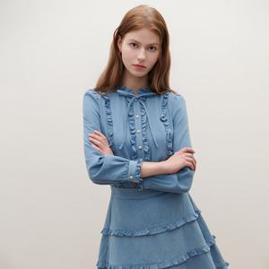 [SATIN] 러플 리본 데님 블라우스 S261B252