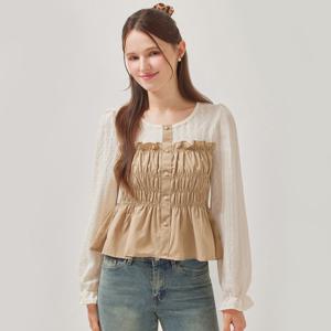 FOCUS  레이스 배색 스모크 블라우스 PBBF6S1BL5221