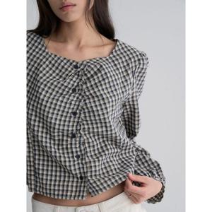 (356164SM4R) [에잇세컨즈] 체크 스퀘어넥 블라우스  네이비