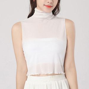 [옷자락]여자 시스루 폴라 민소매 페이크카라 크롭 블라우스