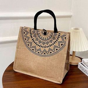 에스닉 사각 배색 포인트 라탄 토트백 손가방 보부상