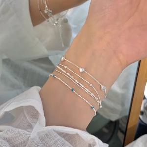 여성 실버 순은 심플 볼 레이어드 팔찌