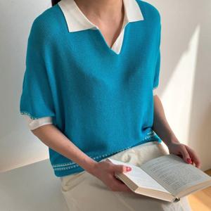 [옷자락]여자 비스코스 패턴 얇은니트 빅사이즈 카라티 티셔츠