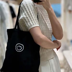스마일 에코백 심플 데일리 캔버스 숄더백 캔버스 시장 바구니 면 스마일 숄더 백 심플한 쇼퍼 장바구니 데일리 캐쥬얼 마실 천가방 보조 가방