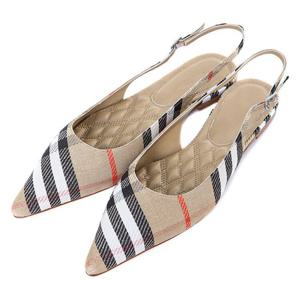 버버리 메탈릭 체크패턴 B버클 여성 슬링백 플랫 펌프스 베이지