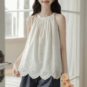 F007544_리본끈장식 홀터넥 펀칭자수 나시블라우스