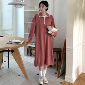 [옷자락]여자 롱 집업 롱슬리브 카라넥 코튼면 원피스
