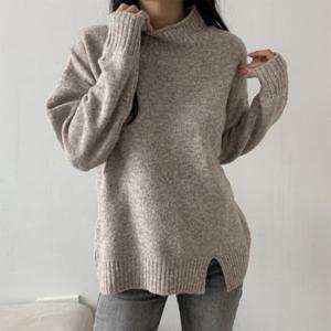 [옷자락]여자 슬릿 터틀넥 로우엣지 빅사이즈 언발 박스 니트