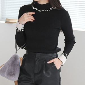 [옷자락]여자 롱슬리브티 코디 골지 슬림핏 진주 터틀넥 니트