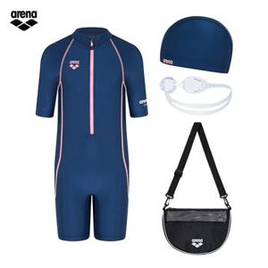 아레나 생존수영 킥앤풀 A5SG1KG03 NVY (주머니백 증정) 여아동 3부반신슈트수영복 수경 수모 가방 4종세트