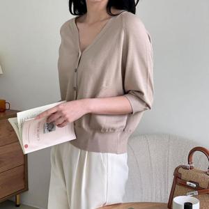 브이 오픈 시보리 비스코스 여성 칠부가디건 봄니트