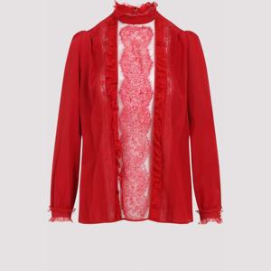 발렌티노 레드 레이스 러플 하이넥 시어 탑 6B3AEAD590F R9M