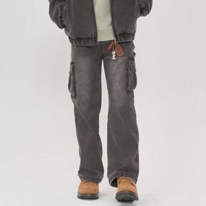 [오션스카이]공용 와이드 블랙 카고 데님 팬츠-EEJG2355B03