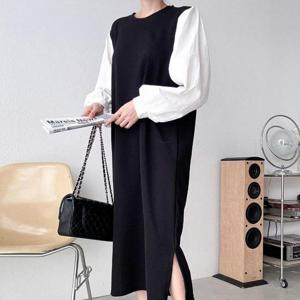 빅사이즈 501 브랜벌룬소매배색원피스 DART648