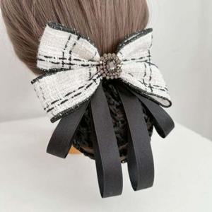 핸드메이드 머리핀 리본핀 화이트 플래드 헤어망 반묶