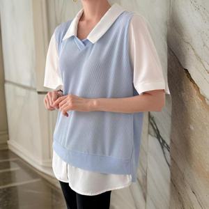 [다잇템]여자 반팔셔츠 브이조끼 코디 골지 티셔츠